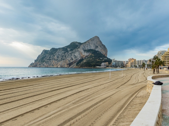 a sandy beach with a mountain in the background
